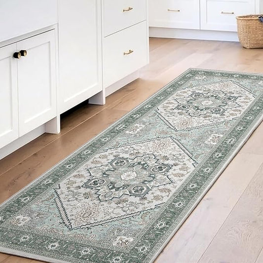 OPPODREAM Thin Entryway Rug 2x6, 2x6 Rug Runner, Washable Hallways Carpet 2 x 6 with Non Slip Backing, Low-Pile Bedside Carpet 2 x 6, Long, Faux Cashmere, Green