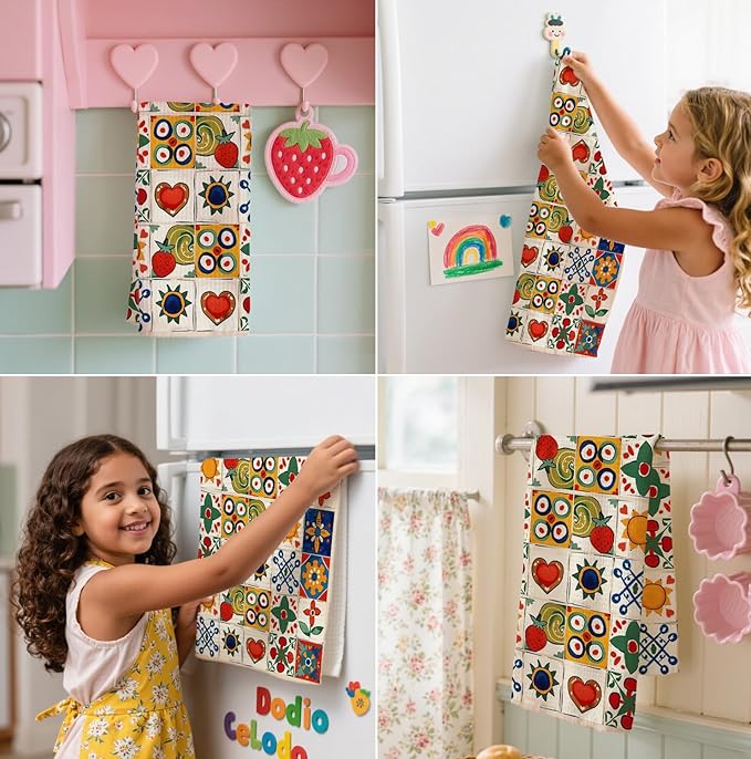 Spanish Kitchen Towels, Mediterranean Colorful Tile - Pattern Waffle Towels 16x24 Inch, Floral & Fruit Dish Towels Decor for Kitchen, Spanish Inspired Hand Towel for Bathroom Decor.