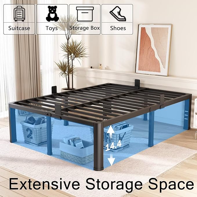 FUIOBYVV 16 Inch Queen Bed Frame with Rounded Corner and Headboard Hole Mattress Retainers 3500 LBS Metal Heavy Duty Steel Slats Support No Box Spring Needed Platform Noise Free Easy Assembly