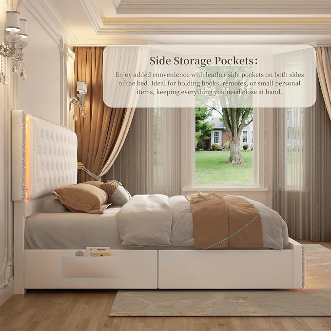 Queen Led Bed Frame with 2 Drawers, Modern Storage Platform Queen Size Upholstered Bed with Crystal Button Tufted Headboard, Solid Slats Support, Noise Free, No Box Spring Needed, PU White