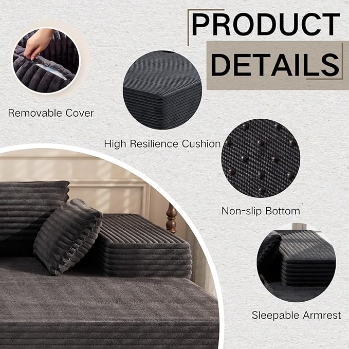 105.5" Modular Sectional Sofa L Shape for Bedroom, Modular Cloud Sofa with Deep Seat for Living Room, Upholstered Couches No Assembly Required Black, Left Facing Chaise