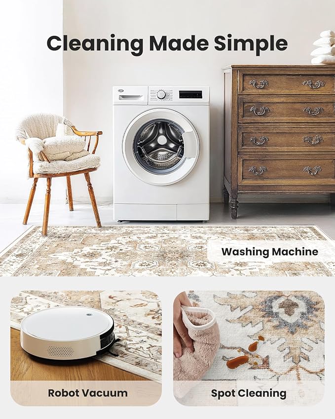 Amada 8x10 Area Rugs, Low-Profile Large Washable Area Rug with Non-Slip Backing & Durable Edge Binding, Vintage Rugs for Living Room, Bedroom, Dinning Room