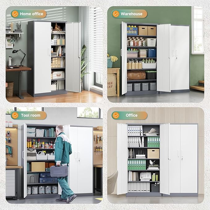 Letaya Metal Storage Cabinet with Lock Door and 5 Shelves,6 Tier Steel Garage Tool Cabinet for Home Office Utility Room 72" H X 36" W X18 D (White Gray)