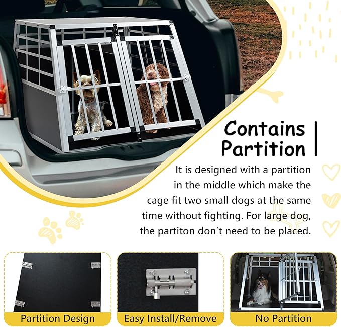 Double Door Travel Dog Cage, Lockable Aluminium Pet Car Transport Crate with Removable Partition, Sturdy Construction for Small Cats and Dogs, Portable Puppy Carrier for Car Use