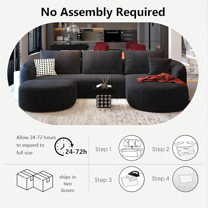 111" Modular Sectional Couches Luxury Modern Curved Back U-Shape Sofa Set with Ottoman,Minimalist Comfy Boneless Cloud Couch for Living Room Apartment,(Right Facing Chaise,Black)