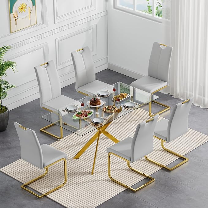 Modern Glass Dining Table Set for 6, Gold Glass Kitchen Table and Chairs Set of 6, 7 Piece Dining Room Table Set with 61" Rectangular Metal Glass Dinner Table and 6 Grey Leather Dining Chairs