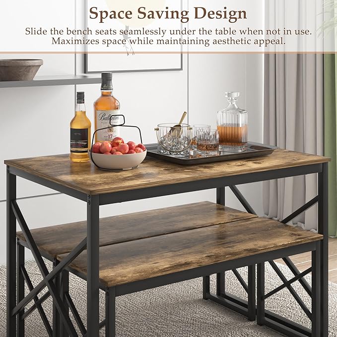 VECELO Kitchen Dining Table Benches Set for 4, 43.3" Wooden Dinette with 2 Benches, Heavy-Duty Dining Room Table for Small Space, Breakfast Nook, Brown