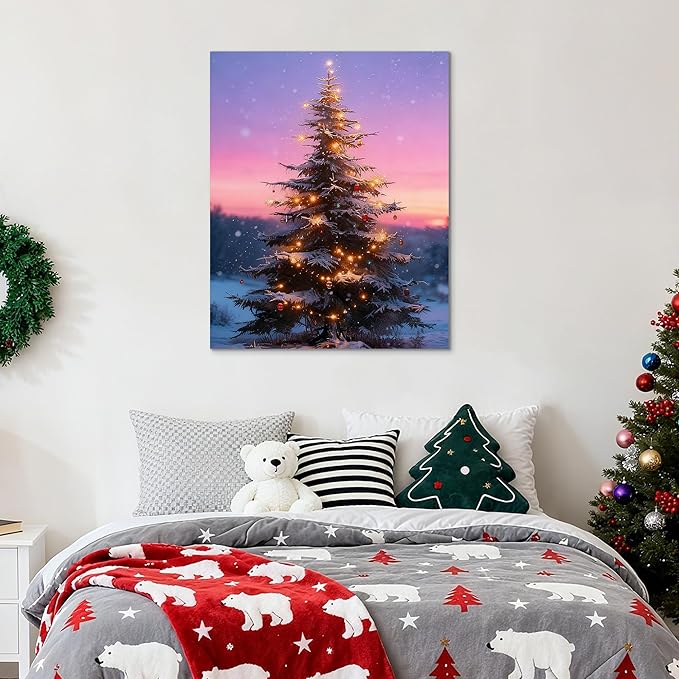 Framed Christmas Pictures Wall Decor,Vintage Pine Tree Prints,Winter Christmas Canvas Wall Art Decoration for Bedroom Bathroom Living Room Rustic Xmas Holiday Gifts (Christmas Tree 12, 24'' X 36'')