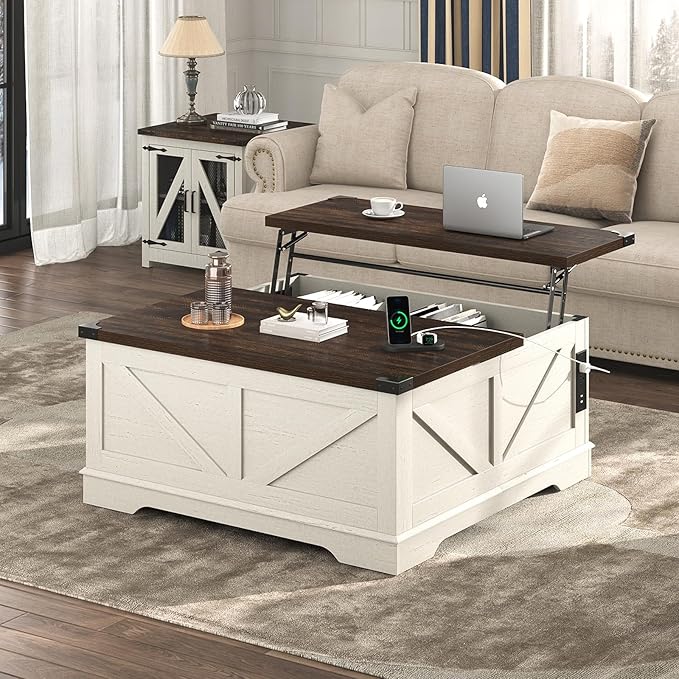 40” Large Farmhouse Lift Top Coffee Table with Power Outlets and Large Hidden Storage, Square Wood Living Room Tables, Multi-Function Lift Wooden Barn Door Center Table, Rustic White