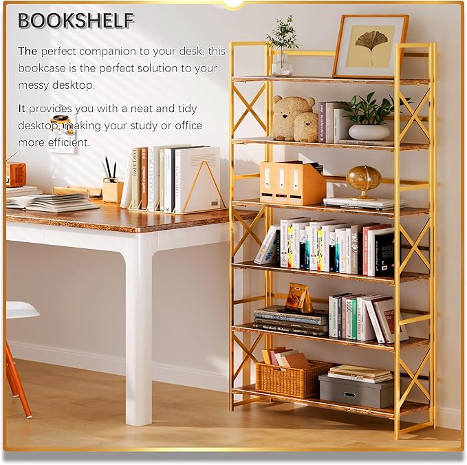 4NM Extra Wide 6 Tiers No Assembly Book Shelves, 61.8" H Folding Bookshelf Bookcase Open Industrial Foldable Shelves for Bedroom, Living Room, Home Office - Rustic Brown Gold