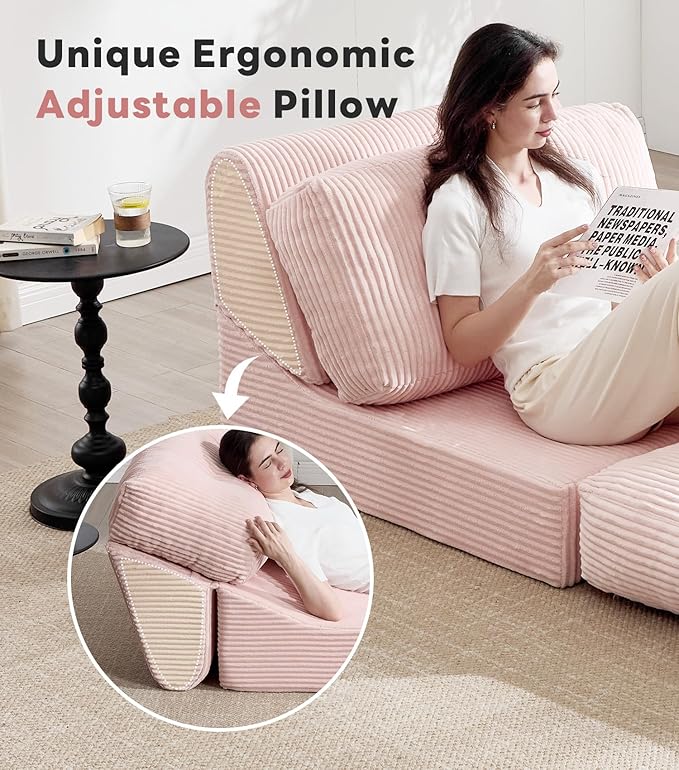 Tbfit Folding Sofa Bed, Convertible Sleeper Chair with Large Pillow, Corduroy Folding Couch Bed, Portable & Foldable Mattress Boneless Floor Sofa for Living Room, Bedroom, Office, Pink, Single
