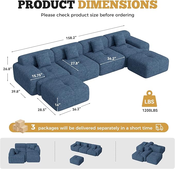 158" Modern U Shaped Modular Sectional Sofa, Boneless Couches for Living Room with Ottoman,6 Seater Convertible Chenille Cloud Couch Sofa Set, No Assembly Required, Blue 1 PCS
