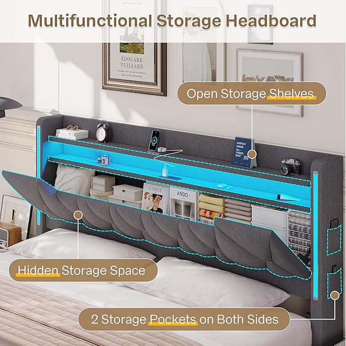 California King Bed Frame, Platform Bed Frame with Storage Headboard and LED Lights, Upholstered Headboard & Charging Station,Metal Support,No Box Spring Needed, Noise-Free, Easy Assembly, Gray