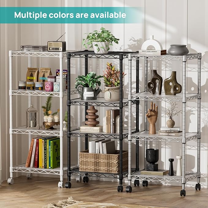 SINGAYE 4 Small Shelves Storage Shelf Wire Shelving Unit Metal Shelf Adjustable Organizers Storage Shelving with Wheels for Bathroom Laundry Room Kitchen Pantry11.5”D x 17.3”W x 44.5”H White
