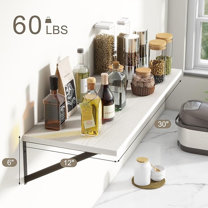 12 Inch Deep Floating Shelves, 30W x 12D Wall Shelves with Brackets, White Floating Shelves 30 Inch Long, Rustic Wood Wall Shelf, Wide Storage Display Shelf for Kitchek, Living Room, Bathroom