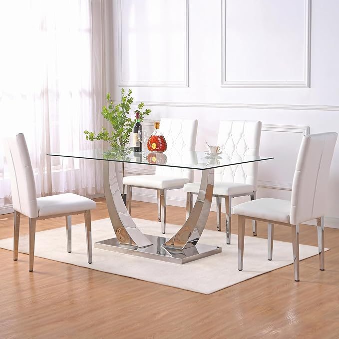 Modern Dining Table Set for 4, Glass Dining Table with 4 PU Leather Chairs, 63'' U-Shaped Legs and Rectangular Base