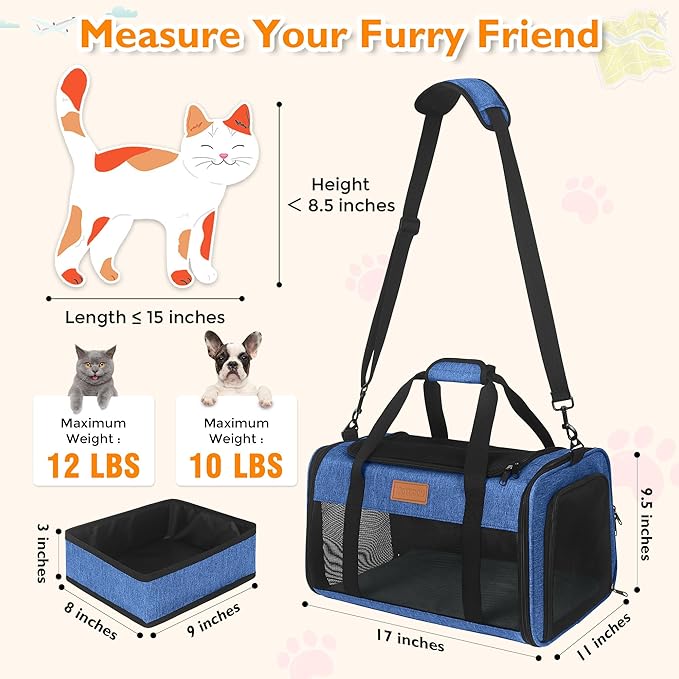PETUX TSA Approved Pet Carrier in Cabin, 17"x11"x9.5" Cat Travel Carrier with Litter Box for Small Cats up to 12 lb, Portable Breathable Airline Approved Cat Carriers for Travel and Vet Visit, Blue