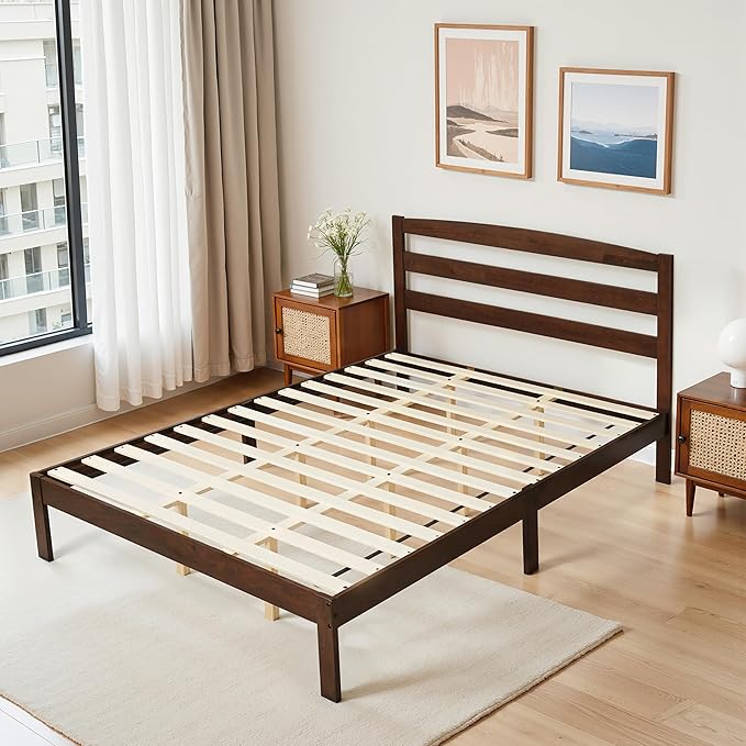 Hokway Wood Queen Bed Frame with Headboard-No Wobble,Noise-Free,Easy Assembly with Precise Holes,12 in Reinforced Center Legs,No Box Spring Needed,Walnut