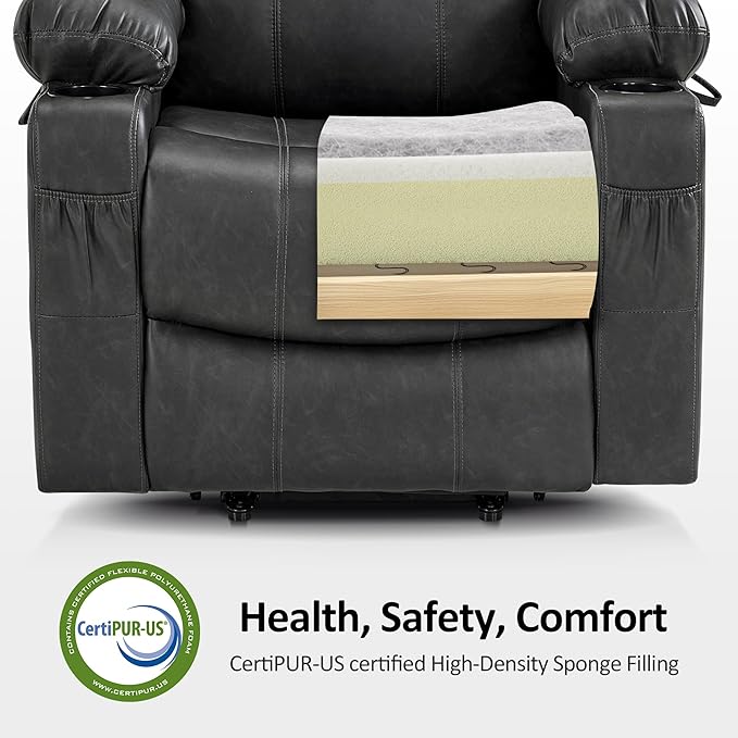 MCombo Electric Power Lift Recliner Chair Sofa with Massage and Heat for Elderly, 3 Positions, 2 Side Pockets, and Cup Holders, USB Ports, Faux Leather 7040 (Grey, Medium)