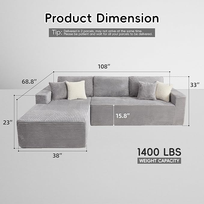 108" Boneless Couches for Living Room, Modular Sectional Sofa with Oversized Chaise, L-Shape Cloud Couch with Deep Seat, High-Density Memory Foam, No Assembly Required, Plush Corduroy Grey