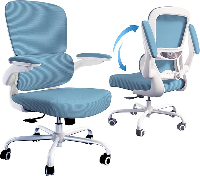 TRALT Ergonomic Office Chair - Desk Chair with Adjustable Lumbar Support Computer Chair - Mesh Comfy Chair with Flip-up Armrests - Gaming Chairs for Adults Home Office (PU Leather, Sky Blue)