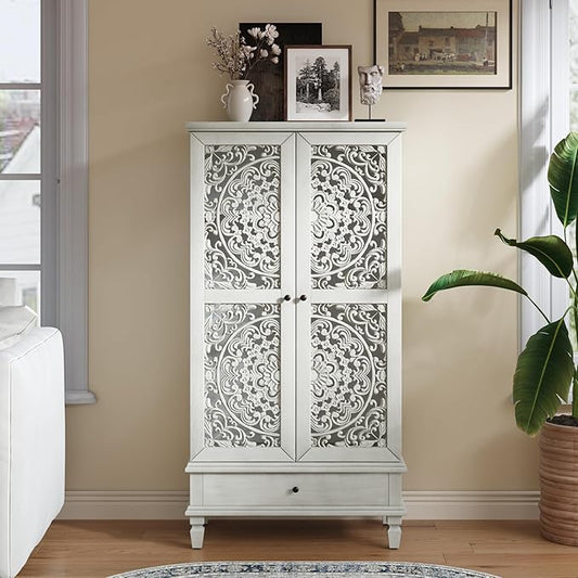Rustic 55'' Tall Storage Cabinet with 2 Hollow-Carved Doors a Drawer, Wood Accent Cabinet with Solid Wood Legs for Living Room, Hallway, Dining Room (Grey White-T)
