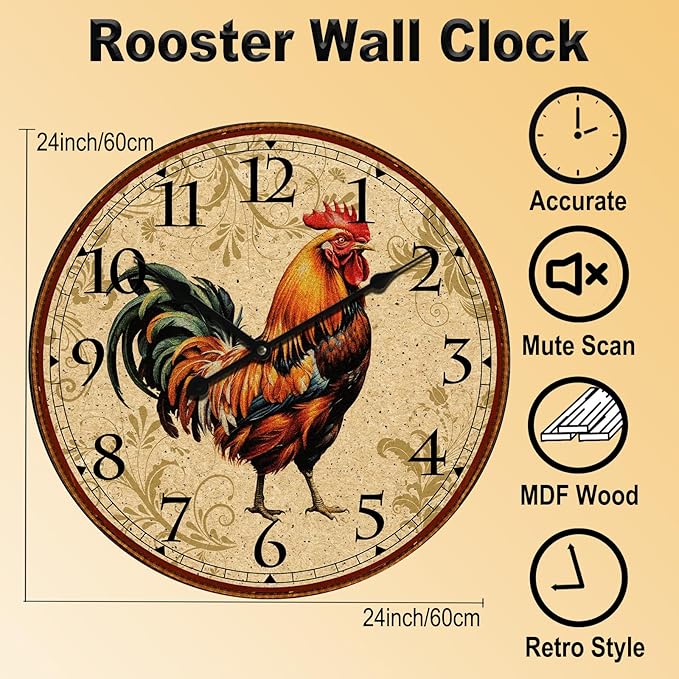 24 inch Rooster Retro Wall Clock Silent NonTicking Easy to Read Clock, Large Battery Operated Decorative Wall Clocks for Kitchen Living Room Bedroom Farmhouse Decoration