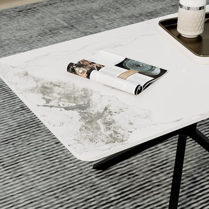 White Marble Coffee Table Modern 40 Inch Living Room Table with Rectangle Sintered Stone Top and Black Metal Legs Stylish Center Table for Living Room Bedroom