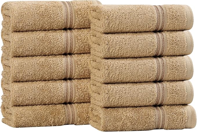 Superior Heritage Egyptian Cotton Face Towel Set, Small Towels for Kitchen, Home Bathroom, Guest Bath, Luxury Essentials, Plush, Absorbent Basics, Washcloths, Spa, Hotel, Resort, Set of 10, Toast