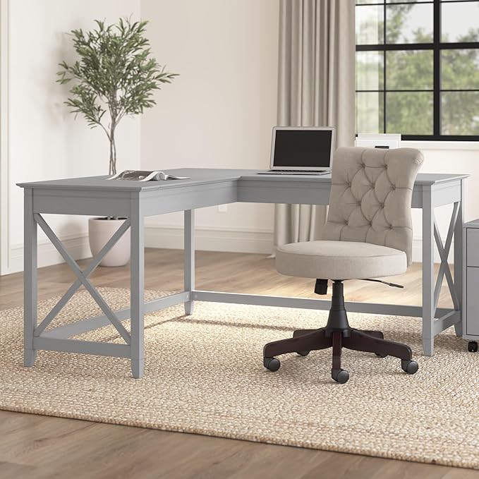 Bush Furniture Key West 60W Modern Farmhouse L Shaped Desk in Cape Cod Gray, 60-Inch Corner Computer Table for Home Office Workspace