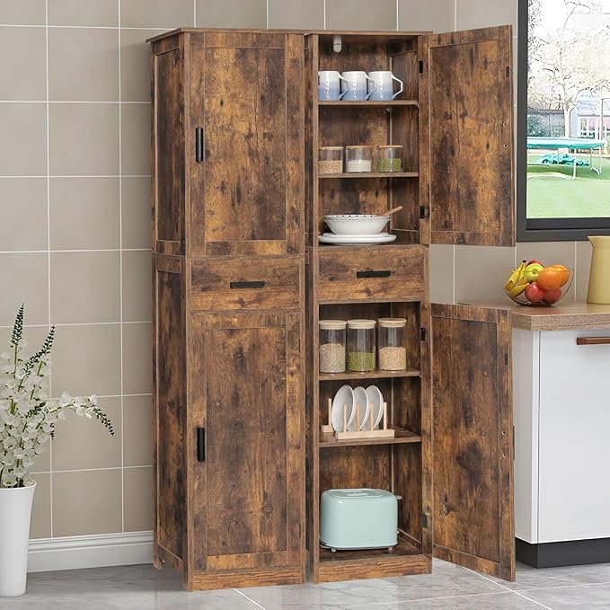 usikey 67'' Tall Storage Cabinet with Adjustable Shelves & 2 Doors, Bathroom Cabinet with 1 Drawer, Narrow Tall Cabinets for Living Room, Home Office, Rustic Brown