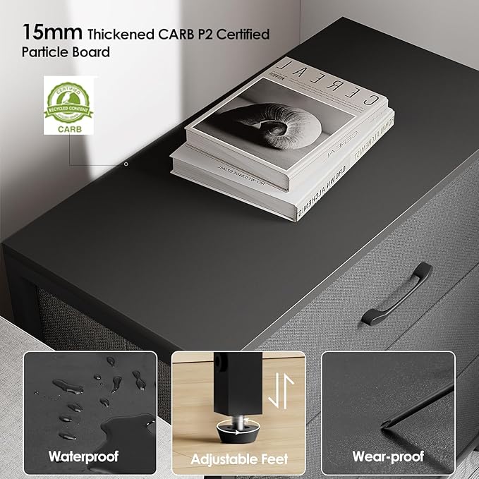 Nightstand with 3 Drawers for Bedroom, Storage Dresser with Fabric Drawers and Metal Frame for Closet, Living Room, Bedside Table with Wood Top, Easy Pull Handle, Gray