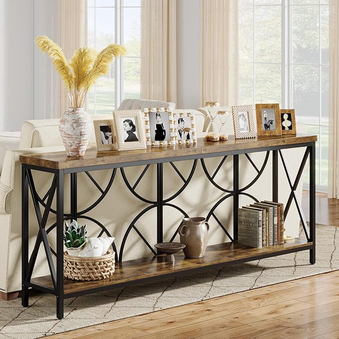 70.9-Inch Extra Long Sofa Table, Narrow Console Table Behind Couch with Storage for Entryway, Living Room, Entrance, Hallway, Foyer, Unique Geometric (Rustic Brown)