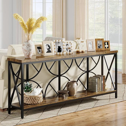 70.9-Inch Extra Long Sofa Table, Narrow Console Table Behind Couch with Storage for Entryway, Living Room, Entrance, Hallway, Foyer, Unique Geometric (Rustic Brown)