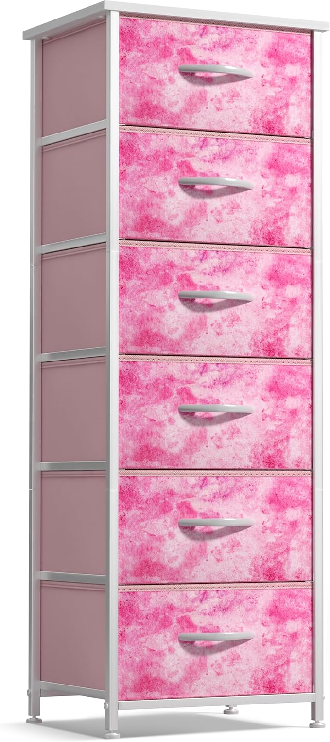 Sorbus Fabric Dresser for Kids Bedroom - Chest of 6 Drawers, Tall Storage Tower, Clothing Organizer, for Closet, for Playroom, for Nursery, Steel Frame, Fabric Bins - Wood Handle (Tie Dye Pink)