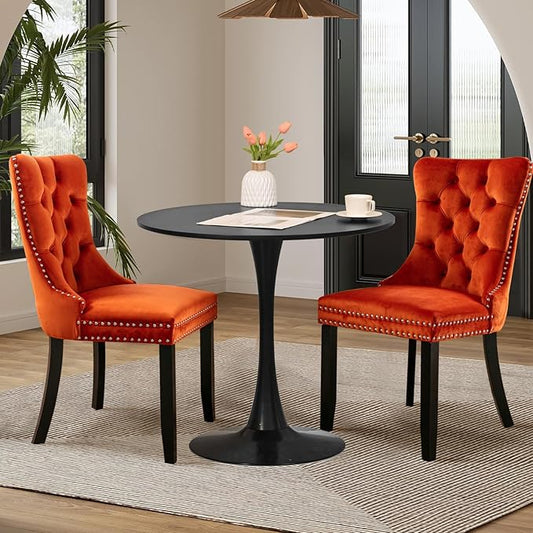 SoarFlash Kitchen Table and Chairs for 2, 31.5" Dining Table Set for 2 with Velvet Upholstered Chairs, 3 Piece Round Kitchen Table Set, Dining Room Table Set for Small Space, Apartment, Orange/Black