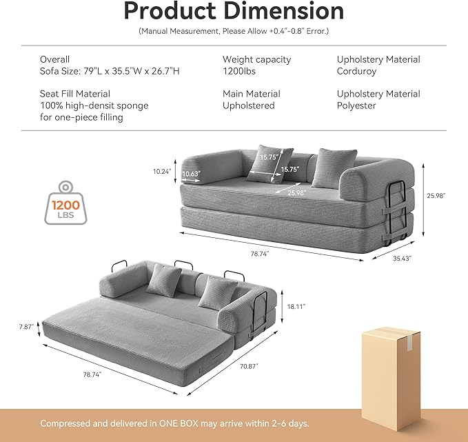Convertible Sleeper Sofa Bed, Sleeper Sofa with Pillow | Corduroy Fabric | High-Density Sponge | Fixed-Shape Frame, Modular Sofa Bed for Living Room Lounge Studio (Light Grey)