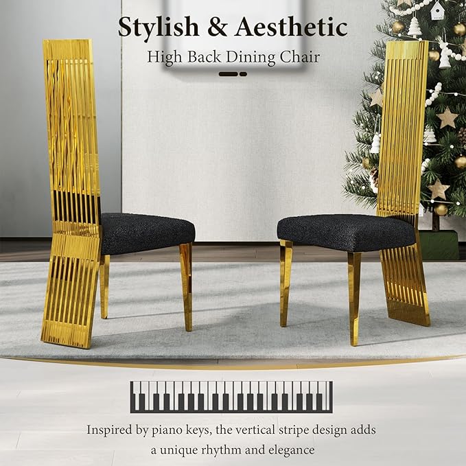 Dining Chairs Set of 4, Black Upholstered Dining Room Chairs with Mirrored Gold Metal Legs and High Back
