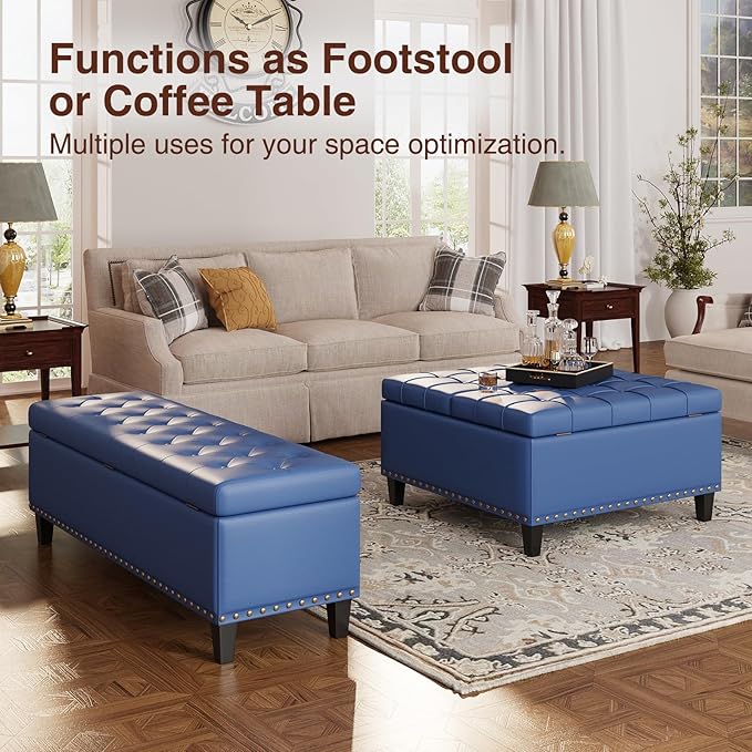 Storage Ottoman Bench,51-Inch Large Storage Bench for Bedroom End of Bed, 30 Gallons Faux Leather Ottoman with Storage for Bedroom, Living Room, Entryway, Hallway, Blue