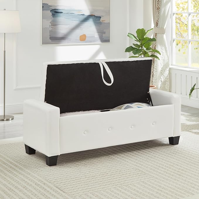 48" Faux Leather Ottoman with Storage, Tufted Storage Ottoman Bench with Safety Hinge, Rectangular Extra Long Bench for Bedroom, Living Room, Entryway and Window, White