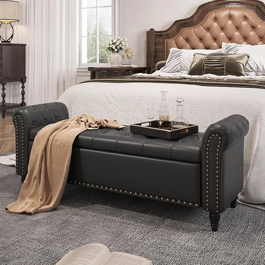 55 Inch Bedroom Bench, End of Bed Bench with Storage, Bed Benches for Foot of Bed, Faux Leather Window Bench with Rolled Arms, Upholstered Storage Bench with Tufted Button and Nailhead Trim, Black