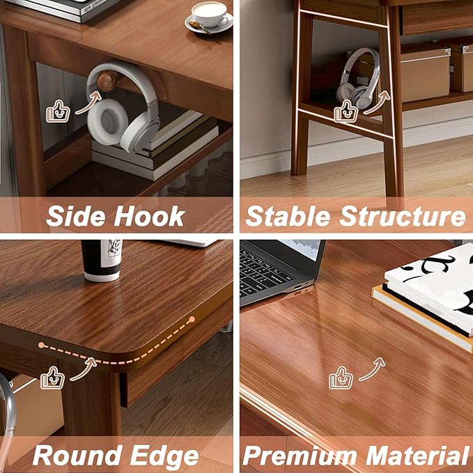 63" Long Solid Wood Desk Mid Century Modern Desk, Home Office Computer Desk, Simple Solid Wood Writing Desk Study Table Workstation, Walnut