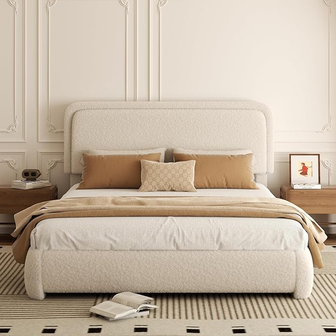 Queen Bed Frame, Teddy Velvet Boucle Bed Frame with 43.3"/45.3" Adjustable Upholstered Headboard, Rounded Corners, Mattress Foundation, No Box Spring Required, Beige