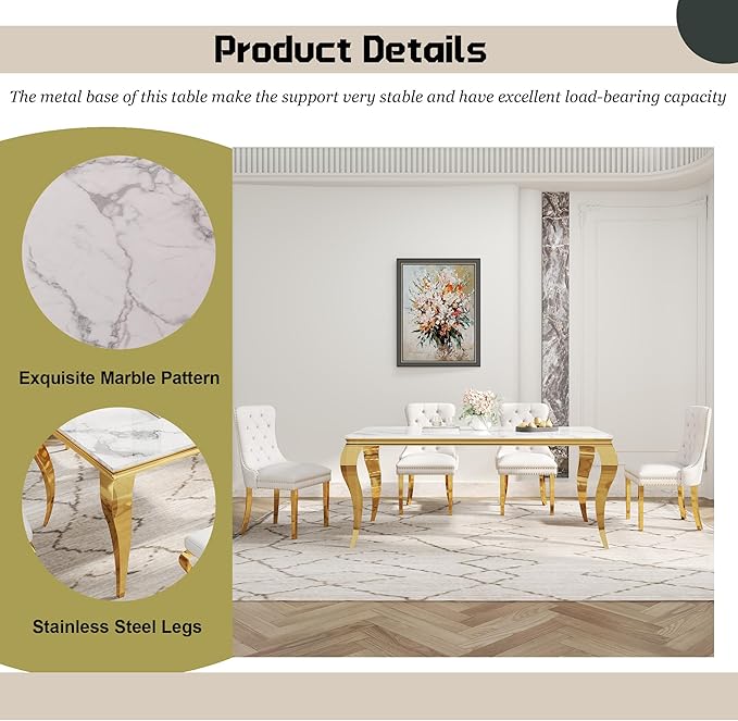 7-Piece Dining Table Set for 6, Faux Marble Dining Table Set with 70'' Marble Dinner Table and 6 Velvet Wing Back Chairs for Kitchen, Dining Room, White & Gold
