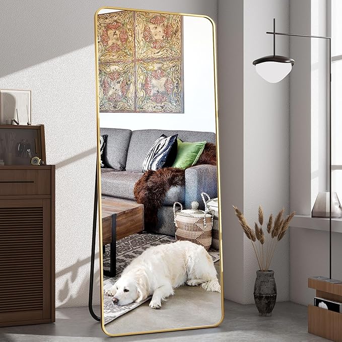 64"x21" Full Length Mirror, Full Body Rounded Corner Rectangle Mirrors with Stand, Standing or Leaning Metal Framed Floor Mirror, Wall Mounted Mirrors Hang Horizontally or Vertically, Gold