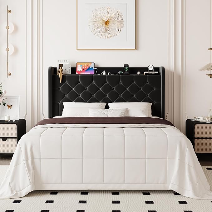 Allewie Queen Size Bed Frame, Storage Headboard with Charging Station, Wingback Velvet Upholstered, Diamond Stitched Button Tufted, Sturdy Wooden Slats, No Box Spring Needed, Easy Assembly, Black