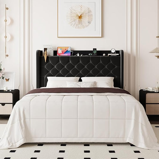 Allewie Full Size Bed Frame, Storage Headboard with Charging Station, Wingback Velvet Upholstered, Diamond Stitched Button Tufted, Sturdy Wooden Slats, No Box Spring Needed, Easy Assembly, Black
