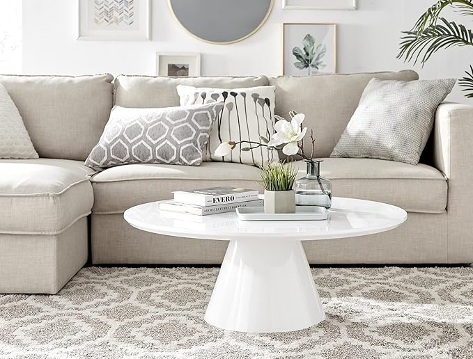 Furniturebox UK Coffee Table - Palma Round Coffee Table - Contemporary Minimalist Round Coffee Table with Tapered Central Pillar - White High-Gloss Finish - Living Room Furniture