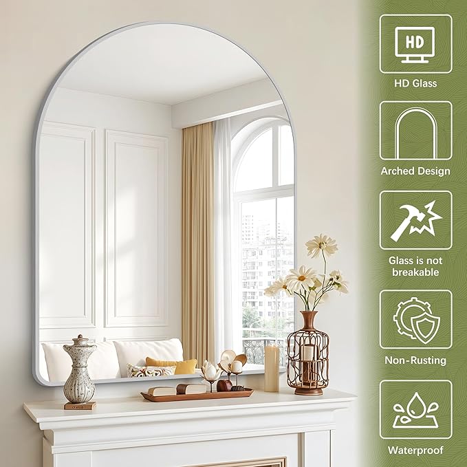 Arched Wall Mirror for Bathroom, 36"x48" Silver Arch Bathroom Mirror, Wall Mounted Mirror, Silver Vanity Wall Mirror w/Metal Frame for Bedroom, Entryway, Living Room, Vertically Hanging