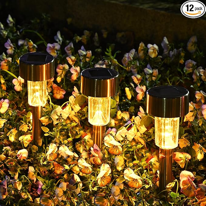SOLPEX 12 Pack Solar Outdoor Lights Pathway, Stainless Steel Solar Lights Outdoor Waterproof,LED Landscape Lighting Solar Walkway Lights for Landscape/Patio/Lawn/Yard/Driveway-Warm White